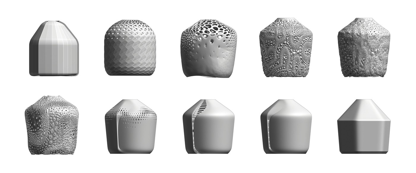 orthographic view of 10 lamp shade models ranging from smooth clean lines to undulating webbings of coral