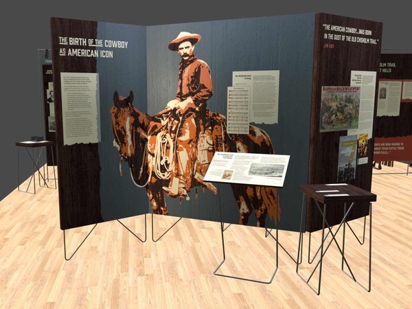 white title text; large stenciled image of cowboy on horse in orange and white; blue wash background on dark wood panels; mocked up in 3D model