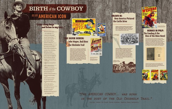 light weathered wood boards overlaid with white and orange type on brown background strips, a more defined cowboy, partial blue wash; headlines and body copy on multiple paper strips with torn edges; color movie poster and dime novel covers as well as black and white illustrations of a saloon/dance hall and cowboy roping a bull