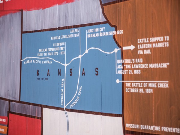 map detail of forked Chisholm Trail ending at several railheads