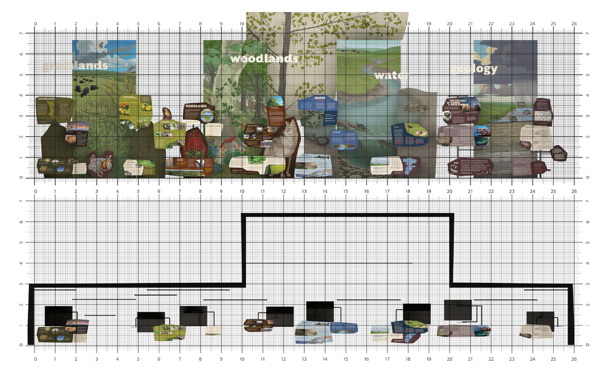 numbered grids overlaid on the front and overhead views of the diorama pieces