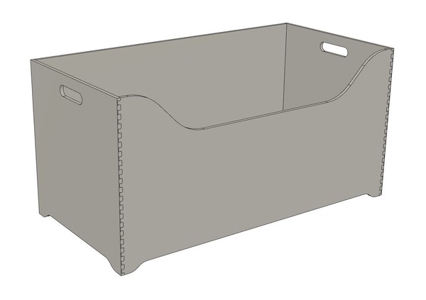 gray computer generated representation of a crate with hand holes on the sides and a lowered front