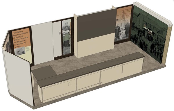 opposite computer generated view of physical layout with early graphic design, looking through ceiling and closest wall